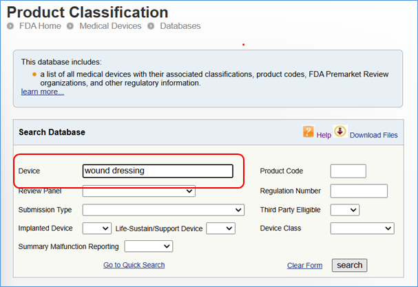 Wound Dressing Classification Search in US FDA Product Classification Database